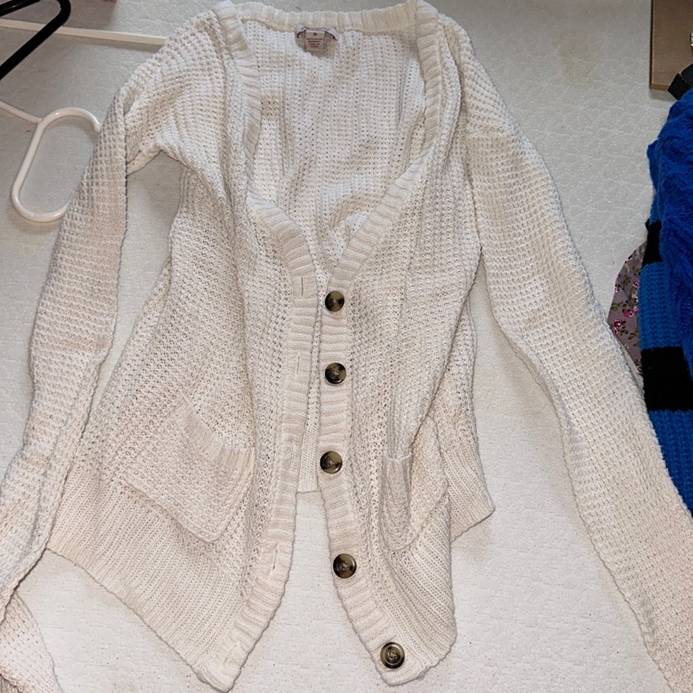 white button up sweater